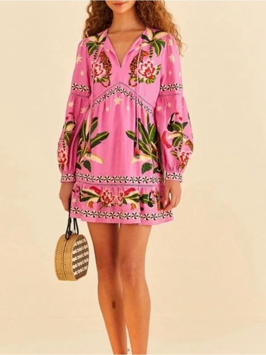 FARM Rio Dresses & Skirts - FARM Rio Pink Floral V-Neck Balloon Sleeve Mini Dress